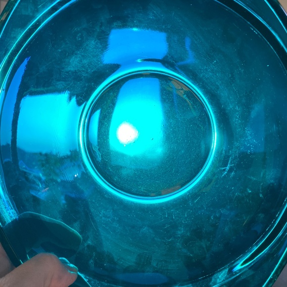 Teal glass serving bowl with teak handle silver metal carrier VTG '70's. - Picture 2 of 7